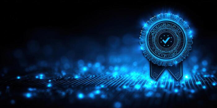 Digital seal of approval glowing with a checkmark on a circuit board background. photo