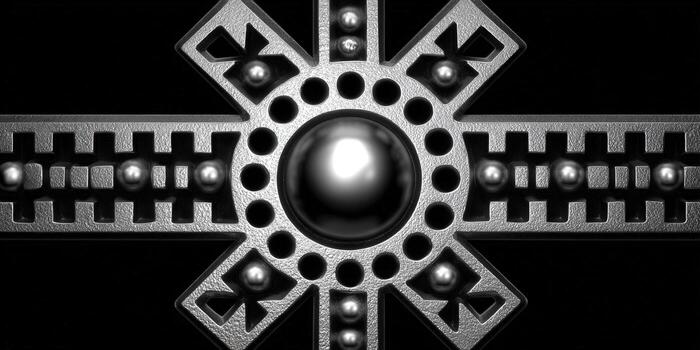 Intricate metallic cross with a textured finish and a bold sphere centerpiece against a black background. photo