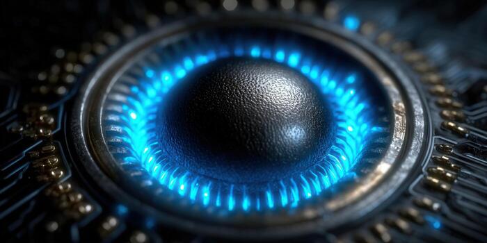 intrincado macro Disparo de un brillante azul electrónico componente con detallado circuitos y futurista diseño. foto