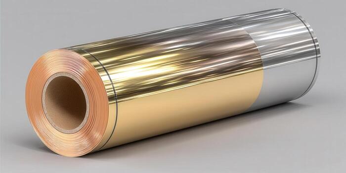 A close-up shot of a metallic foil roll with a blend of gold and silver hues. photo