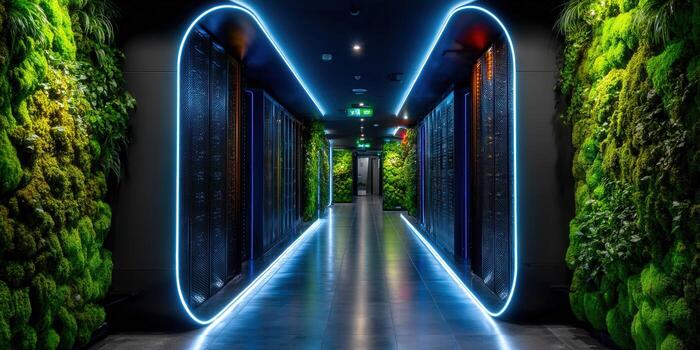 A modern data center featuring vibrant green walls and advanced server infrastructure. photo