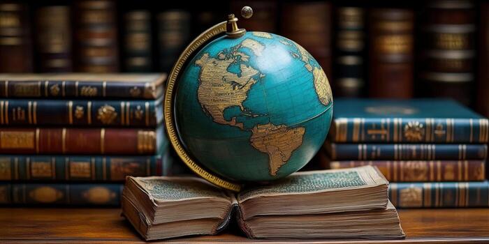 A beautifully composed still life featuring a globe and stacks of old books in a library. photo