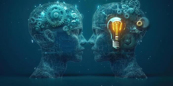 Two interconnected minds, symbolized by gears and a lightbulb, represent innovation and ideas. photo