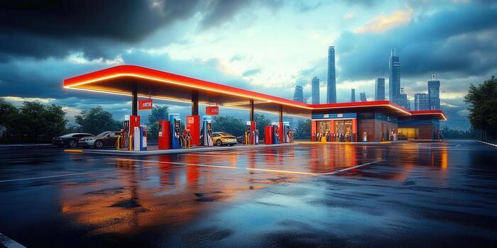 Gas station at dusk with reflections on wet pavement and city skyline in the background. photo