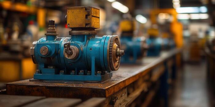 Intricate industrial machine on a factory workbench, representing modern production and technology. photo