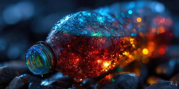 Dramatic macro shot of a colorful bottle with water droplets and a vibrant liquid inside. photo