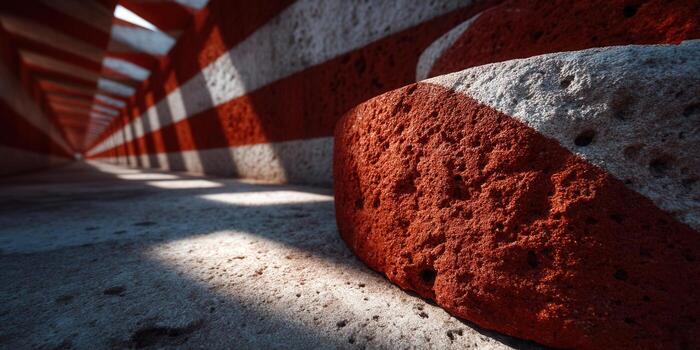 An eye-catching perspective of a tunnel with a red and white striped pattern. photo