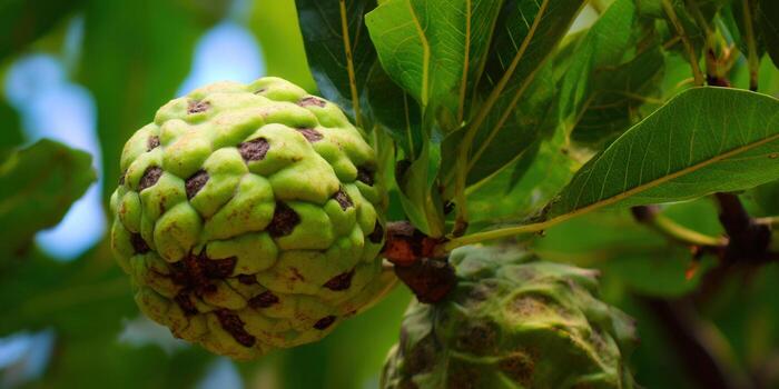 A close-up shot of a sugar apple fruit growing on a tree branch amidst green leaves. photo