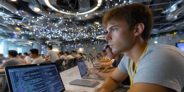 A focused developer codes on a laptop in a modern, well-lit workspace with colleagues. photo