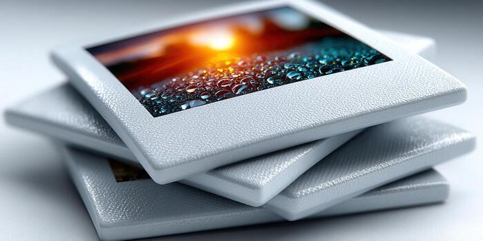 Close up of a stack of slides, with droplets on one slide, lit by sunset colors. photo