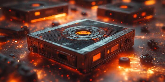 A close-up view of a futuristic, metallic device with glowing orange accents in a dark scene. photo