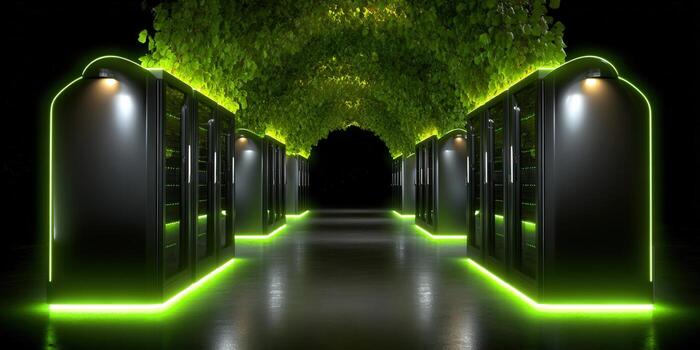 Innovative data center concept showcasing technology merging with nature, using green neon. photo
