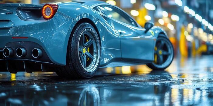 The teal Ferrari 488 GTB is showcased, highlighting its sleek design. photo