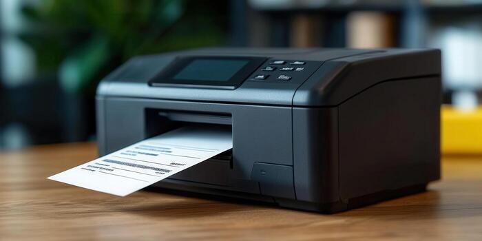 A close-up shot of a printer printing a document on a wooden desk photo