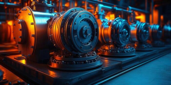 Intricate industrial machinery with glowing highlights, showcasing mechanical precision. photo