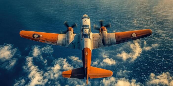 un Clásico avión moscas alto encima el nubes y el sereno océano, ofrecimiento un gastos generales vista. foto