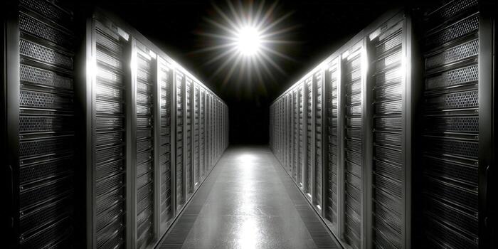 Inside a modern data center Rows of servers and digital infrastructure. photo