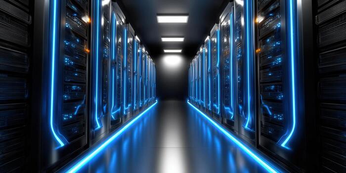 Data center interior with server racks illuminated by glowing blue lights, a futuristic tech scene. photo