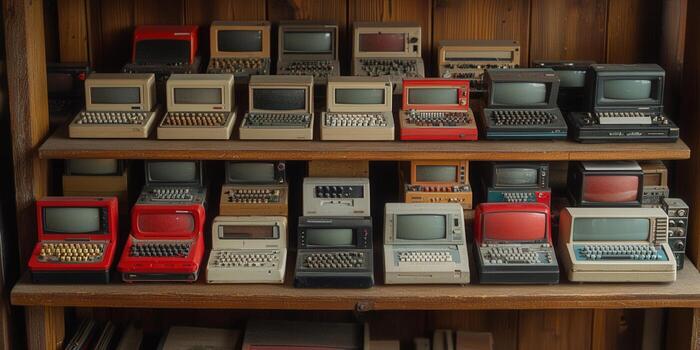 Rows of retro CRT terminals sit on wooden shelves, a glimpse into vintage technology. photo