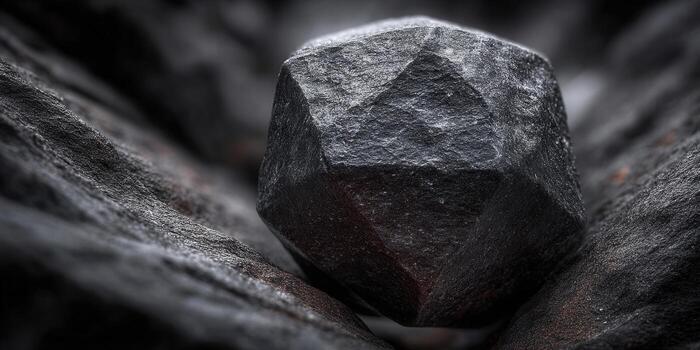 A dark, faceted rock with a textured surface on a rough bed of stones. photo