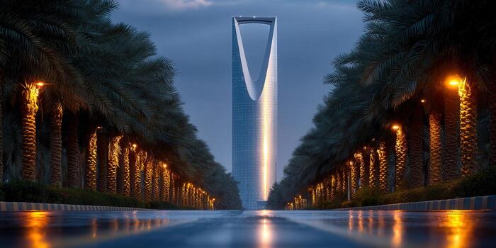A stunning view of the Kingdom Centre skyscraper in Riyadh, under a twilight sky. photo