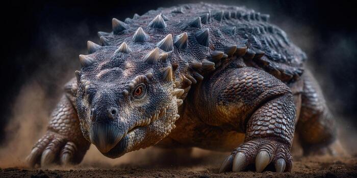 An imposing Ankylosaurus stomps across the sandy terrain, showcasing its powerful build and armor. photo