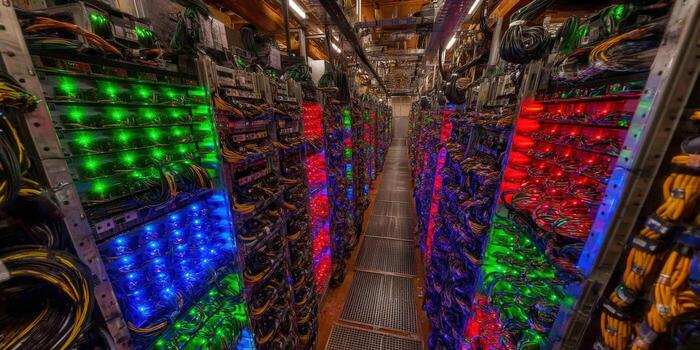 A data center interior showcasing rows of servers with vibrant, colorful lights on display. photo