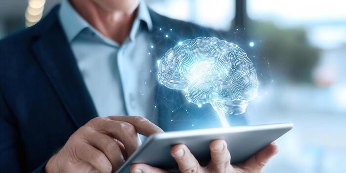 A businessman explores digital artificial intelligence with a tablet. photo