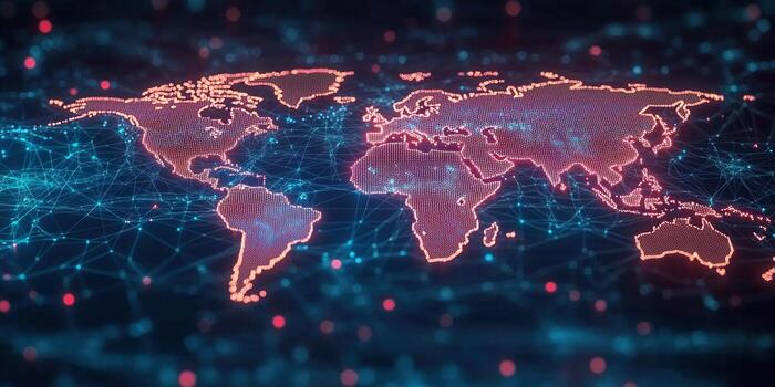 This digital rendering showcases the world map formed by interconnected data lines and dots, symbolizing global networking. photo