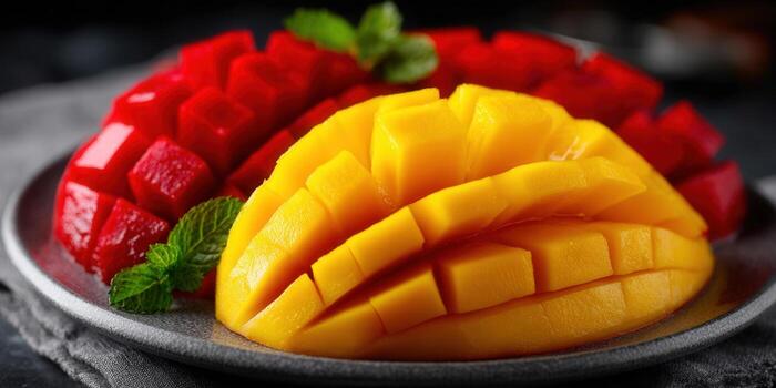 A beautifully arranged plate featuring sliced mango and red fruit, garnished with mint. photo