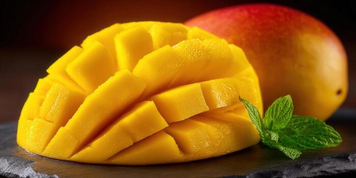 Vibrant mango slices with a whole mango, mint, and a dark background. photo