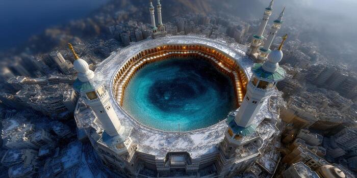 Aerial view of the Kaaba in Mecca, a holy site for Muslims, with stunning architecture. photo