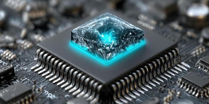 A detailed macro shot of a computer processor with a blue glowing crystal. photo
