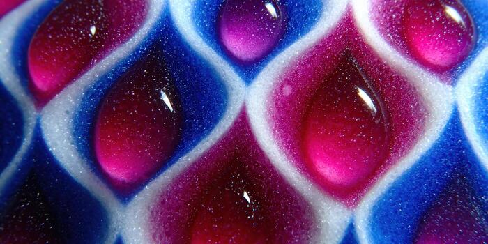 Intricate macro photograph of water droplets on a colorful textured surface. photo