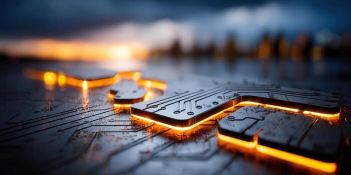 Illuminated circuit board with glowing orange lights, showcasing futuristic tech. photo