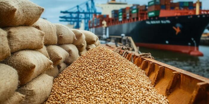 A cargo ship docked at a port, with a foreground of grain and sacks of goods ready for shipment. photo