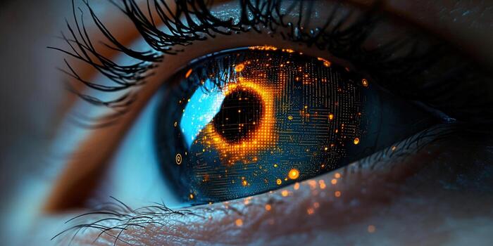 An eye with a futuristic digital circuit design on the iris, a blend of human and technology. photo