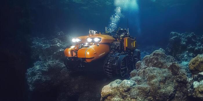 An orange underwater drone navigates through a vibrant coral reef in the deep sea. photo
