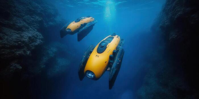 Two bright yellow underwater drones navigate a rocky underwater environment, captured in a clear blue ocean. photo