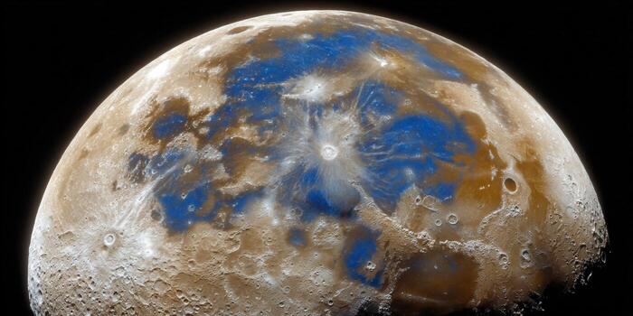 A detailed view of a celestial body's surface, showcasing varied colors and textures in space. photo