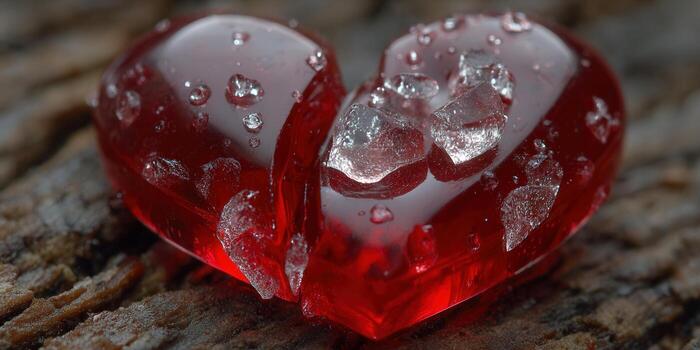 roto rojo corazón con agua gotas, simbolizando amor y fragilidad. foto