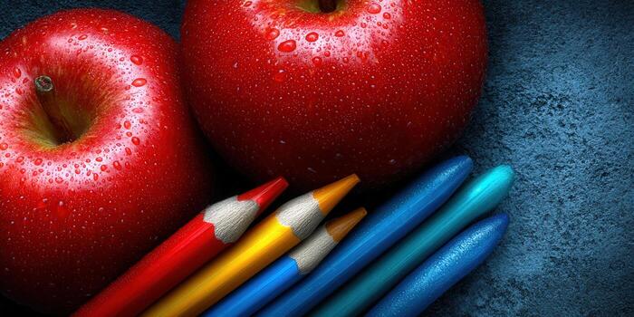Apples with pencils create a vivid and colorful school or art themed still life. photo