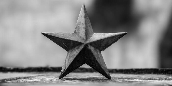 A detailed black and white photograph of a metallic star on a textured surface. photo