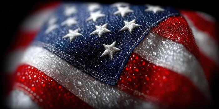 The american flag is shown close-up, with dew drops adding detail to the patriotic symbol photo