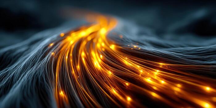 Glowing fiber optic cables create an abstract and futuristic data transfer visualization. photo