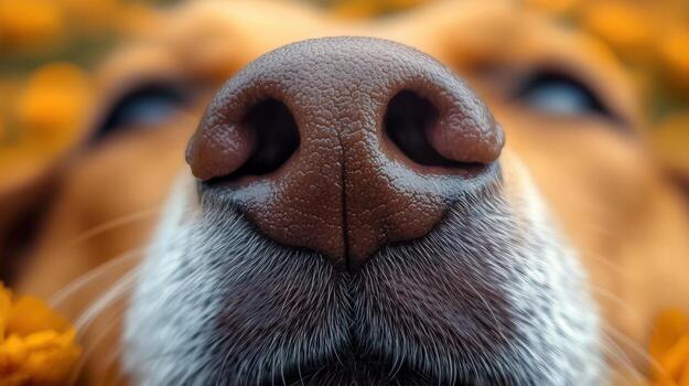 A stunning close-up shot of a dog's wet nose, showcasing texture and detail, with soft focus. photo