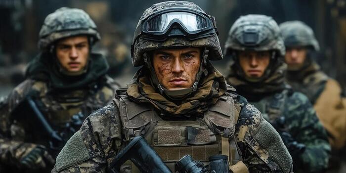 A group of soldiers stand ready for battle, their faces showing determination and focus. photo