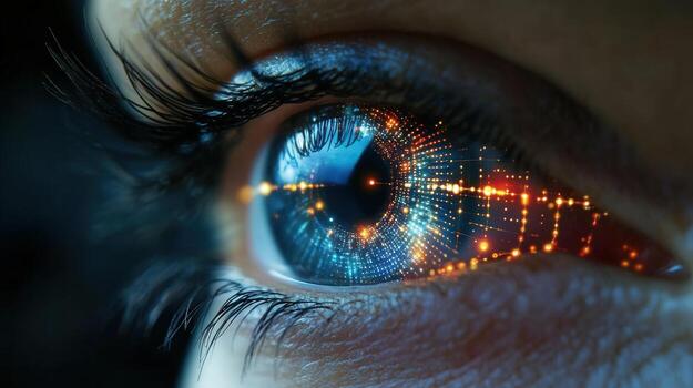 Digital eye with data overlay, representing futuristic vision and technology. photo