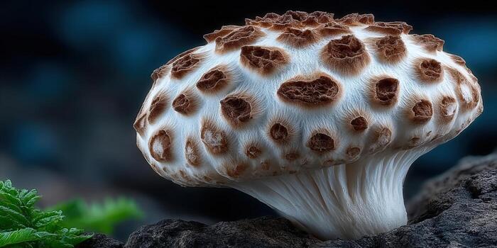 A stunning macro photograph captures the intricate details of a unique mushroom in its natural habitat. photo