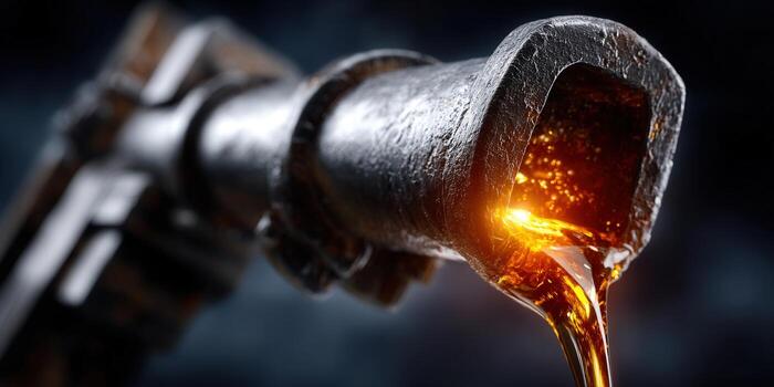 Oil pours from a rusty metal pipe, showcasing texture and the flow of liquid. photo